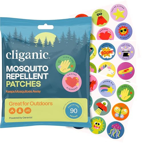 Cliganic Mosquito Repellent Stickers (90 Pack) - Positive Vibes Patches for Kids, Natural DEET-Free, Essential Oil Infused