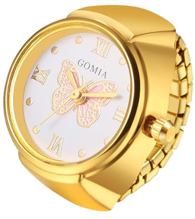 JewelryWe Ringuhr Fingeruhr Elastisch Schmetterling - Damen Analog Quarz Fingerringuhr Ring Uhr Uhrenring mit Rosa Schmetterling Römischen Ziffern Zifferblatt und Gold Legierung Elastisch Band