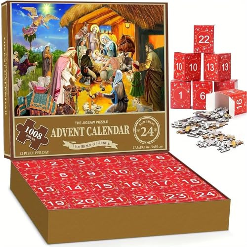 Christmas Advent Calendar Jigsaw Puzzle for Adults, 24 Days Christmas Countdown Calendar, Christmas Countdown Calendar 2023, Xmas Santa Puzzle 1008 Pieces for Home Decor - Premium Family Game (E)
