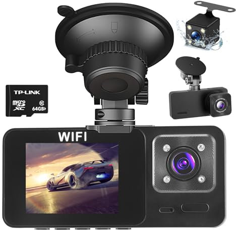 Nuision Dash Cam Front and Rear Inside 3 Channel, Dashcam for Cars with 64GB Card, 1080P Wireless Dash Camera with Night Vision, 2 IPS Screen, 170°Wide Angle, G-Sensor, Loop Recording,Parking Monitor
