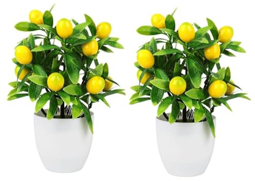 KOMUNJ 2 piezas de limonero artificial, 24 cm de alto, bonsái, mini maceta de simulación de limonero, bonsai de limón, fruta artificial, limonero