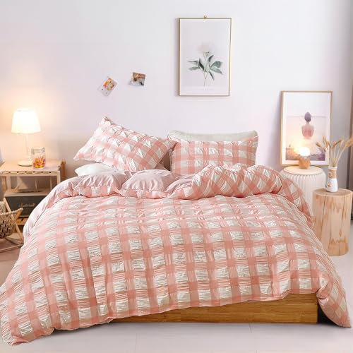 Freyamy Seersucker Bettwäsche 220x240cm 3teilig Rosa Weiß Geprägt Gitter Strukturiert Bettwaren-Sets Uni Gebürstet Microfaser Mädchen Bettbezug mit Reißverschluss und 2 Kissenbezug 80x80cm