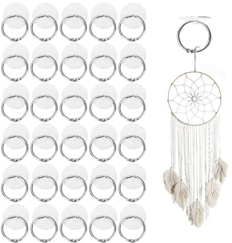 Sankoly 30 ganchos adhesivos de techo de 3 cm con anillo de acero inoxidable, ganchos adhesivos transparentes sin taladro, ganchos de techo para cocina, baño, sala de estar, decoración de techo