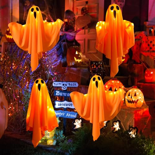 Halloween Gespenster Dekorationen, CNMTCCO 4 Stück Halloween Hängende Gespenster mit LED Lichtern, Hängende Dekorationen für Party Terrassentür Fenster Baum Veranda Haus Rasen Wand (4 Stück Orange)