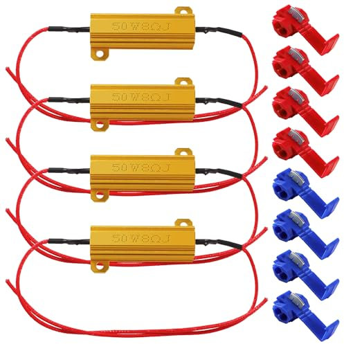 YIXISI 4 Stücke 50W 8Ohm Lastwiderstand Widerstand für Auto LED SMD Blinker Fehlercode Fix, mit 8 Schnellkabel-Clips, für LED Blinker, LED Kennzeichenbeleuchtung, DRL