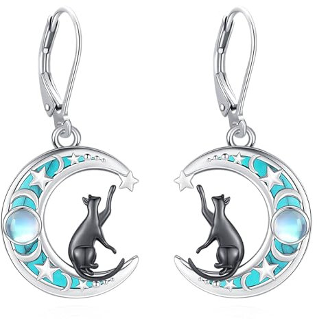 Eusense Katze Mond Ohrringe 925 Sterling Silber mit Türkis Katze Ohrringe Dangle Drop Ohrringe Schmuck Geschenk für Katzenliebhaber Damen Frauen Mädchen