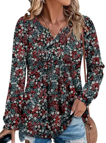 CHICZONE Womens V Neck Tunic Tops Puff Long Sleeve Casual T-Shirt Pleated Work Blouse Shirts