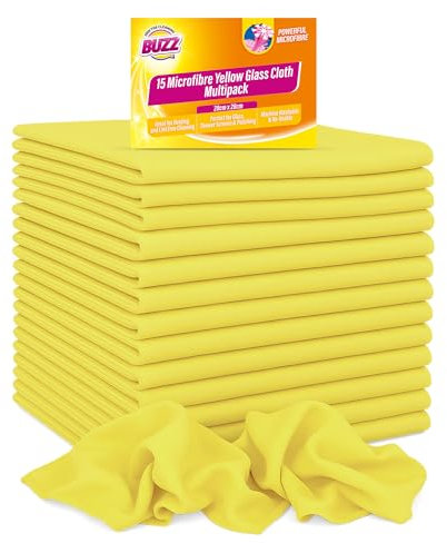 Buzz 15pk Lint Free Cloths Microfibre Yellow Streak Free Glass Cloth Multipack Reusable Yellow Dusters for Polishing Streak-Free Cleaning Home, Car Multisurface Duster Cloth for Furniture & Windows