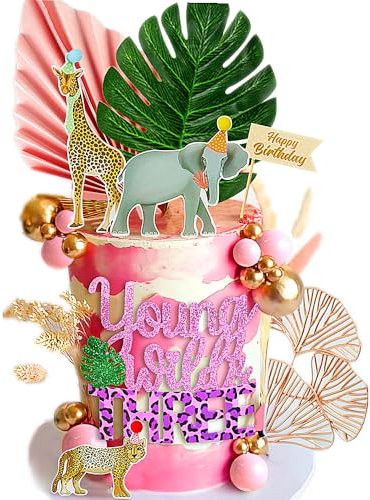 Tortenaufsatz, Motiv: Safari-Dschungel, Wildtiere, Jungle und drei Safari-Kuchendekorationen, Tortenaufsatz, Junge Wildtiere und drei Geburtstagskuchen, 20 Stück