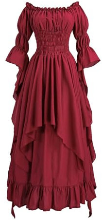 Bichingda Costume Renaissance pour femme - Robe victorienne asymétrique à manches bouffantes et épaules dénudées - Costume médiéval à volants