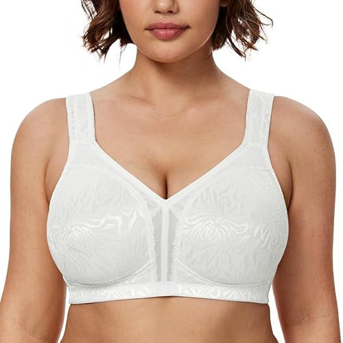 WingsLove Women's Full Coverage Plus Size Everyday Bra Minimizer Wireless Non Padded Wide Straps Comfort and Support for Large Bust(White, 46G)