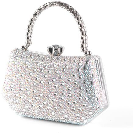 Zweig & Ewigkeit Elegante Kristall silber-Abendtasche mit Strasssteinen und Silber Metallgriff – 20 cm Glitzer-Clutch für besondere Anlässe (Weiß)