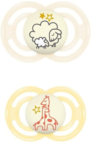 MAM Perfect Night Confezione Doppia Succhietto 16+ Mesi (Set da 2), Ciuccio MAM 16 36 mesi silicone che si illumina al buio, 2 accessori neonato per lo sviluppo orale con porta ciuccio, Giallo/Neutro