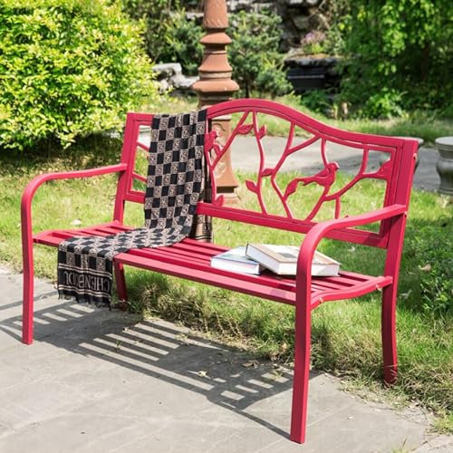 DYUNCZ 51/130 cm Rote Gartenbank, Parkbank aus Metall, Außenbänke mit Rückenlehne und Armlehnen mit Vogelmuster, Pulverbeschichteter Metallrahmen, Wetterfest, for Veranda, Rasen