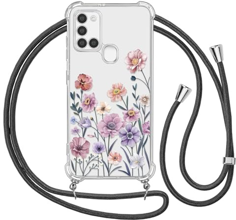 Ciciber Ttusy Handykette Hülle für Samsung Galaxy A21s mit Band, Durchsichtig Muster Blumen Case Weiches Silikon Schutzhülle mit Kordel zum Umhängen Necklace HandyHülle für Samsung A21s, 04