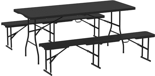 Outsunny Ensemble Table Pliante et bancs de Pique-Nique 180 cm, Table Camping Pliante avec chaises Portable avec poignées de Transport, Table et Banc Pliable au Design Effet rotin Noir