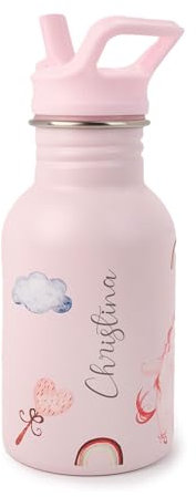 J.Børn Bottiglia personalizzata con cannuccia per bambini, 350 ml, disegni dipinti a mano, bottiglia in acciaio inox per uso alimentare, bottiglia leggera per acqua a prova di perdite (unicorni)