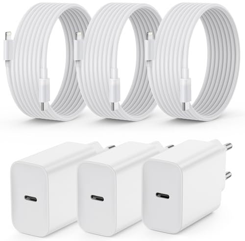 Pack de 3 chargeurs USB-C 20W + câble de 2m USB-C/Lightning – Compatible avec i-Phone 15/14/13/12 Pro Max/Mini, Samsung Galaxy S23/S22, Air-Pods Pro, i-Pad – Prise EU compacte Blanche.