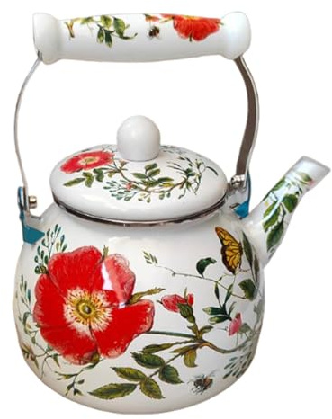 SiaBiced Induktions-Wasserkocher 2,5 L Retro-Emaille-Teekanne, Flötenkessel mit emailliertem Griff, Automatisch pfeifender Teekessel Kaffeekanne für Induktion, Gasherd, Elektroherd, stil b