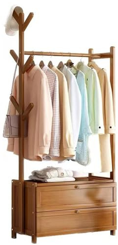 MCHDMI Porte-Manteau en Bambou avec tiroir et Crochets pour Suspendre Les vêtements 3 en 1, Support de Garde-Robe Ouvert pour entrée, Chambre, Salle de Bain et Bureau 50/70 x 30 x 158 cm