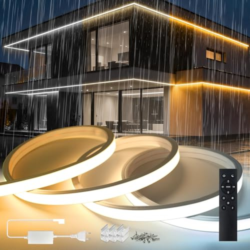 SUCIKORIO 20m Neon LED Streifen 230V Dimmbar Silikon Außen Wasserdicht IP65 | Warmweiss 3000K-Weiß 6500K Licht Led Strip Outdoor Led Schlauch Aussenbereich Flexibler Lichtband Mit Fernbedienung, Netzteil