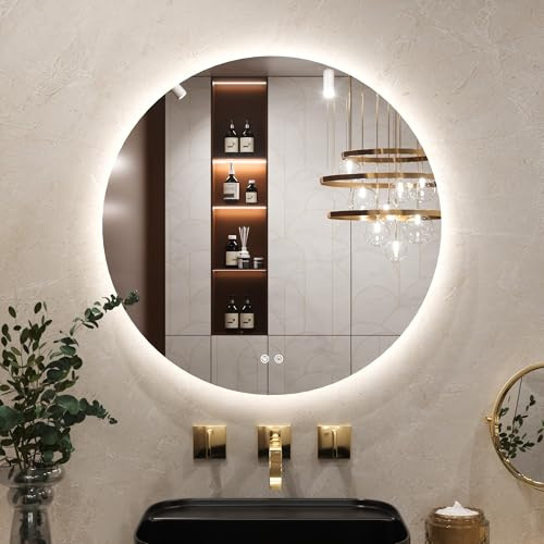 Keonjinn Badspiegel mit Beleuchtung Rund 70cm, Badezimmerspiegel mit Beschlagfrei Touch Schalter Speicherfunktion 3 Lichtfarben Dimmbarer LED Bad Spiegel Ohne Rahmen Badezimmer Wandspiegel