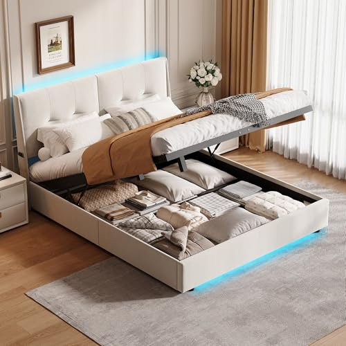 BSMGSGN Doppelbettgestell 160 x 200 cm mit LED-Lichtern, gepolstertes Bett mit hydraulischer Erhöhung, Kopfteil mit 2 Seitentaschen, ohne Matratze