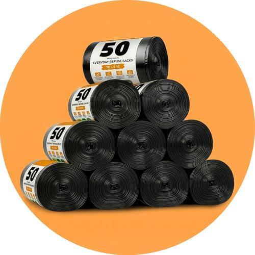 Roe Tenpo 500 Pack Bin Bags - 70L, 30 Microns Bin Liners, Strong & Durable, Tear Resistant Refuse Sack, Black Bin Bags for Everyday Use, Household & Commercial Use