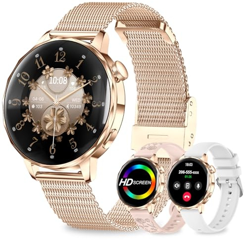 fitonyo Reloj Inteligente Mujer con Llamadas Bluetooth,1,273D clara curva Smartwatch Mujer,3 Correas,Monitor Pasos/Calorías/Sueño/Presión arterial,IP68 110+ Modos Deportivos para iOS/Android,Oro Rosa