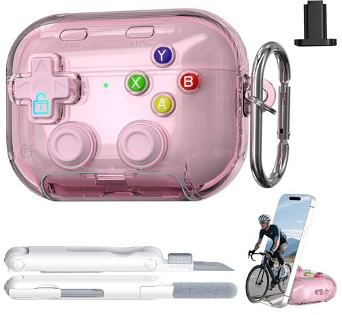 RFUNGUANGO AirPods Pro 3 Hülle, Transparent Gaming Hartschale, Rosa | Transparente stoßfeste Hartschale mit Schloss, Gaming-Druckknopf & Handyständer inkl. Reinigungsset für AirPods Pro 3 (2025)