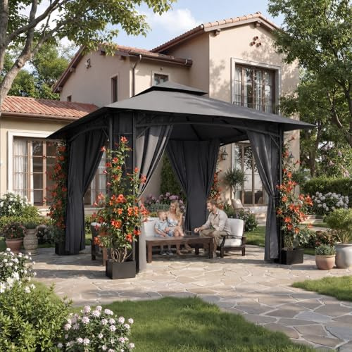 JUMMICO Padiglione da Giardino in Ferro 3.3x3.3m con Fioriera, 4 Pareti Laterali, Stabile, Resistente al Vento e alle Intemperie - Struttura Metallica, Soggiorno da Giardino, Grigio