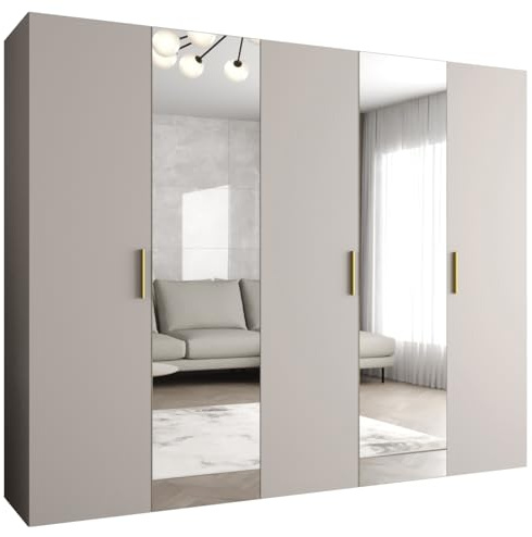 MEBLE KRYSPOL - Kleiderschrank - Garderobenschrank - 250 cm x 202 x 52 cm - Schrank mit Kleiderstange und Spiegel, 5 Türen - für Schlafzimmer, Flur - BARI, Kaschmir, Griff Gold