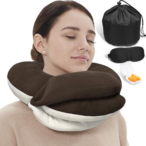 BUYUE Travel Neck Pillows for Airplanes, 360° Head Support Sleep for Long Flight, Skin-Friendly & Breathable, Kit with 3D Contoured Eye Mask, Earplugs and Storage Bag (Large, Brown, 90+ lbs)
