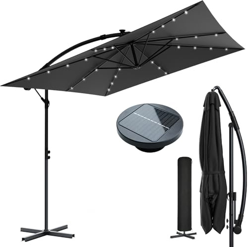 Huracan Ombrellone parasole in alluminio, 250 cm, a LED, grande, con supporto, protezione UV, impermeabile, antivento, girevole a 360°, per giardino, terrazza, antracite