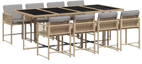 Hommdiy Garten Essgruppe,Gartenmöbel Set,Gartentisch mit 8 Stühlen Set,Essgruppe mit 8 Stühlen,Garten Sitzgruppe,Gartengarnitur Set Mischung aus Beige Glas 9-TLG.