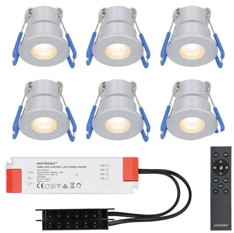 HOFTRONIC - Einbaustrahler Feuchtraum Badezimmer 12V Terrassenüberdachung IP65 Wasserdicht | 6x3W | 6x200 Lumen Warmweiß lichtfarbe Dimmbar mit RF-Fernbedienung. 3W Mini LED Einbaustrahler Flach 35mm