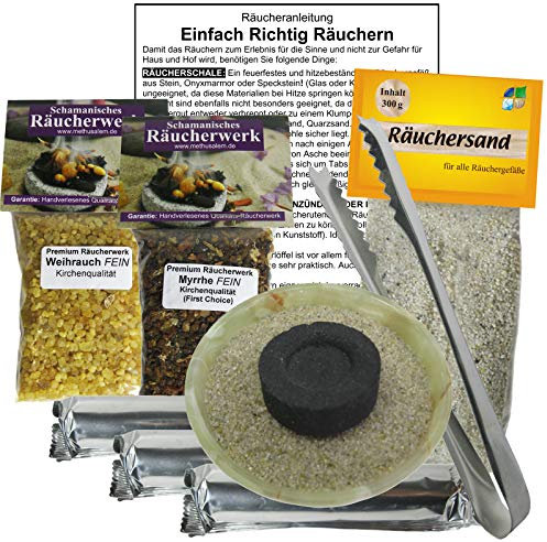 Räuchern-Starter-Set 9-TLG für jedes Räucherwerk MIT Weihrauch & Myrrhe zum Räuchern + 30 Tabs Räucherkohle + Räucherzange + Räucherschale + ZUBEHÖR + Anleitung. 81116-7G