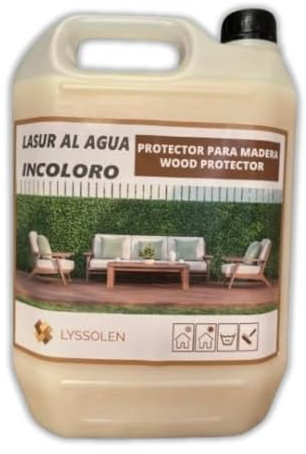 LYSSOLEN - Lasur Protector de Madera Satinado - Barniz Madera Exterior e Interior al Agua con Efecto Impermeabilizante Ideal para Terrazas y Superficies Exteriores (CASTAÑO, 5 LITROS)