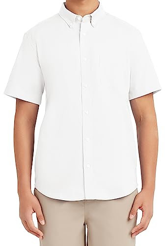 Nautica Men's School Uniform Short Sleeve Performance Oxford Button-Down Shirt, White, S