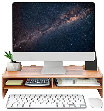 Monitorständer aus Holz, Bildschirm Ständer mit Fächern Bewahren Tastaturen Mobiltelefone, Ergonomischem Druckerständer, Haltbare Halterung Heimbüro - Computer Laptop TV Drucker Projektor (brown)