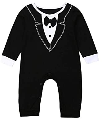Kavousa Newborn Baby Boy Gentleman Romper with Tuxedo Bowtie Long Sleeve Cotton Jumpsuit Onesie Formal Clothes (Black,0-6 Months)