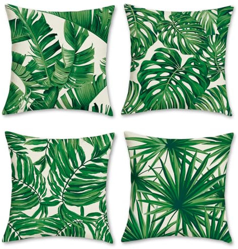 Bonhause 4er Set Kissenbezüge Tropische Blätter Grün Pflanze 45 x 45 cm Polyester Leinen Dekorative Kissenhülle Zierkissenbezüge für Sofa Schlafzimmer Wohnzimmer Auto Zuhause Dekoration