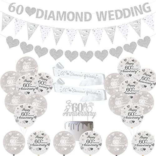 JOYMEMO 60. Hochzeitstag Dekorationen Silber Diamant 60. Jahrestag Luftballons Banner Herz Ringe Tortenaufsatz Satin Schärpe für 60. Jahrestag Party Supplies