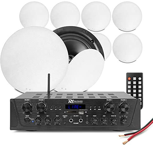 Power Dynamics 4-Zone Multi Room Ceiling Speaker System PV240BT Bluetooth Amplifier with 8x NCSS5 Speakers - Wireless Home Audio Stereo System & Speaker Kit for Installation