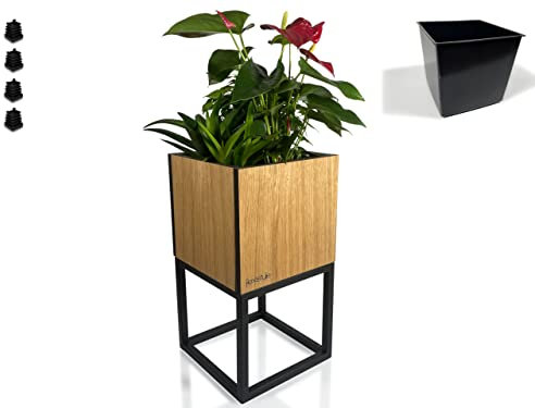 FLEXISTYLE Pflanzenständer LOFT FIORINO Metall Eiche Holz Blumenständer Schwarz Blumentopf mit Beinen Hohe Blumentöpfe Loft Style viele Dimensionen Made in EU… (Eiche 2040)