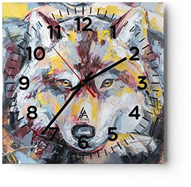 Modern Wanduhr Öl Wolf Hund 40x40cm Quadrat Groß Wand Uhr Glas Analog Zimmeruhren Küche Büro Wohnzimmer Glasuhr Wall Clock Dekoration Design Wanddekoration Küchenuhr C4AC40x40-4673