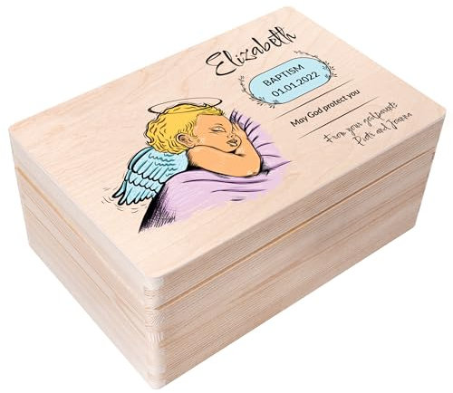 Creative Deco Personalisiert zur Taufe Geschenk für Mädchen und Junge | Mehrere Taufe Motiv | Holzkiste Erinnerungsbox Deko | Individuelle Geschenk Spielzeugkiste Holzbox mit Deckel | Spardose