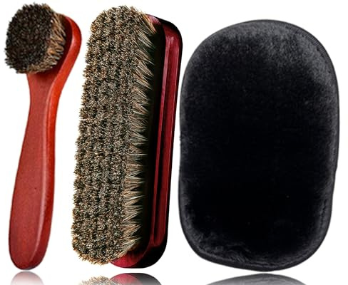 Horsehair Shoe Brush & Plush Polishing Glove for Leather Polish Shine Buff | 2 PCS 17 CM Horse Hair Shoe Brush with Wooden Handle and 1 PCS 17 CM Polishing Glove for Boot, Shoe, Car Seat, Sofa Polishing