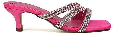 Womens Low Kitten Heel Sandals Ladies Diamante Straps Slip On Sparkly Fuchsia Party Shoes Size 5