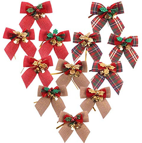 ZHDOKA 12 Stück Weihnachtsbaum-Schleifen mit Glöckchen, Kleine Weihnachtsbaumspitzen-Schleifen, Mini-Kranz-Schleifen, Weihnachten, Dekorative Schleifen für Girlanden, Bastelarbeiten,(Mehrfarben)